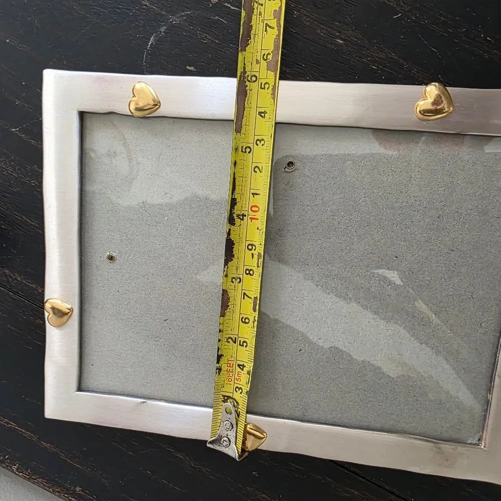 Vtg Rectangular Silver Toned Metal Finish Gold Hearts Picture Frame 8x5 Elsa L